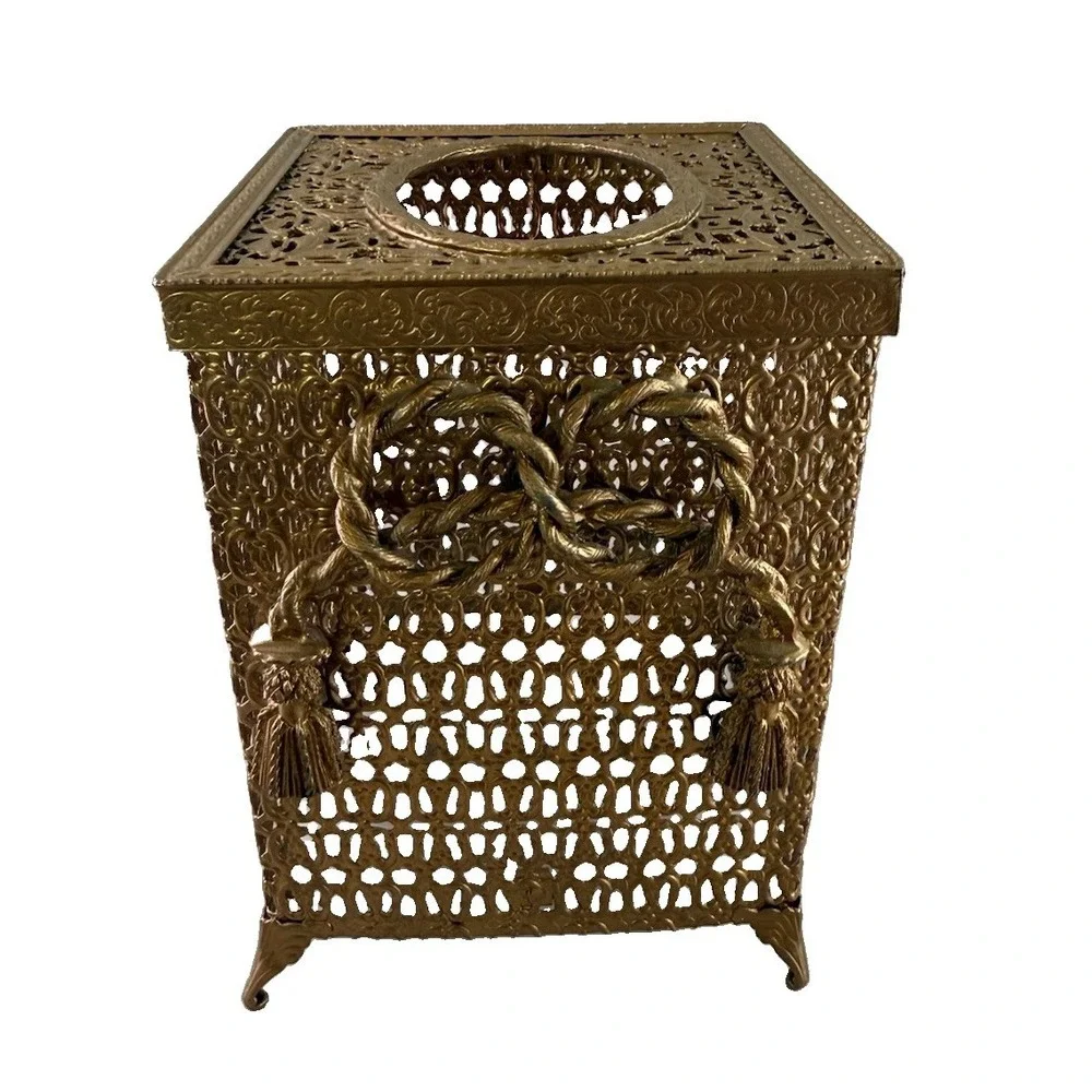 Vintage Hollywood Regency Gold Filigree Tassel Tissue Box Holder Cover Ornate
